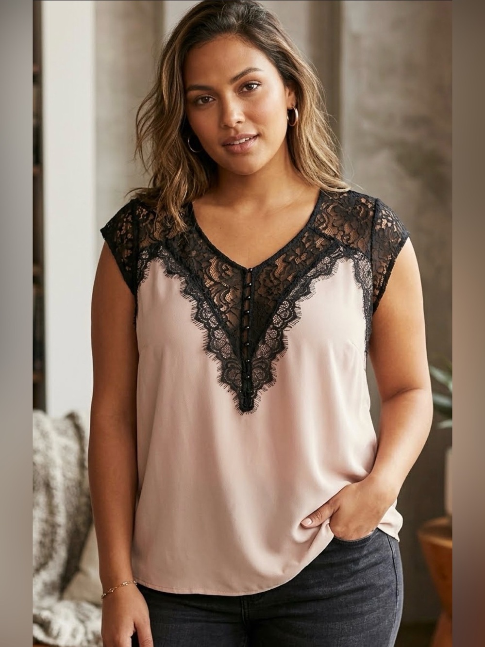 Forever 21 Blush Pink Tank with Black Lace Yoke